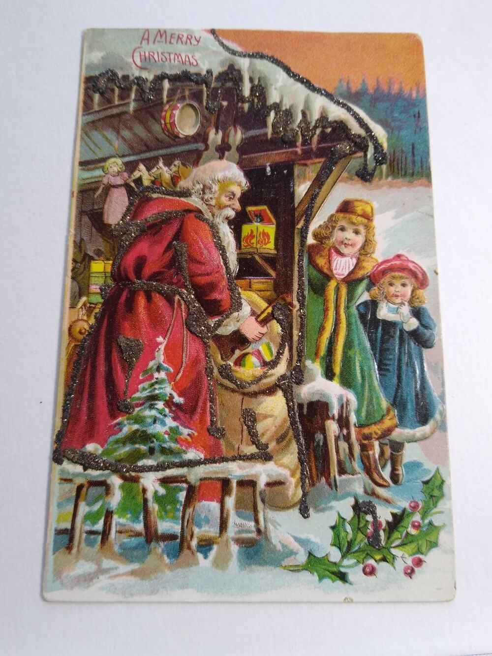 1910 Embossed Santa Claus & Children Glitter Christmas Postcard Saxony Vintage